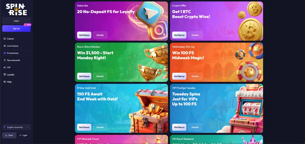 Spinrise casino no deposit bonus screen showing free spins promotion details Spinrise casino no deposit bonus screen showing free spins promotion details
