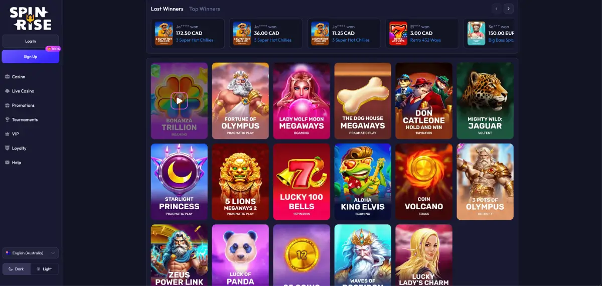 Spinrise casino slots lobby featuring top games and RTP category filters Spinrise casino slots lobby featuring top games and RTP category filters