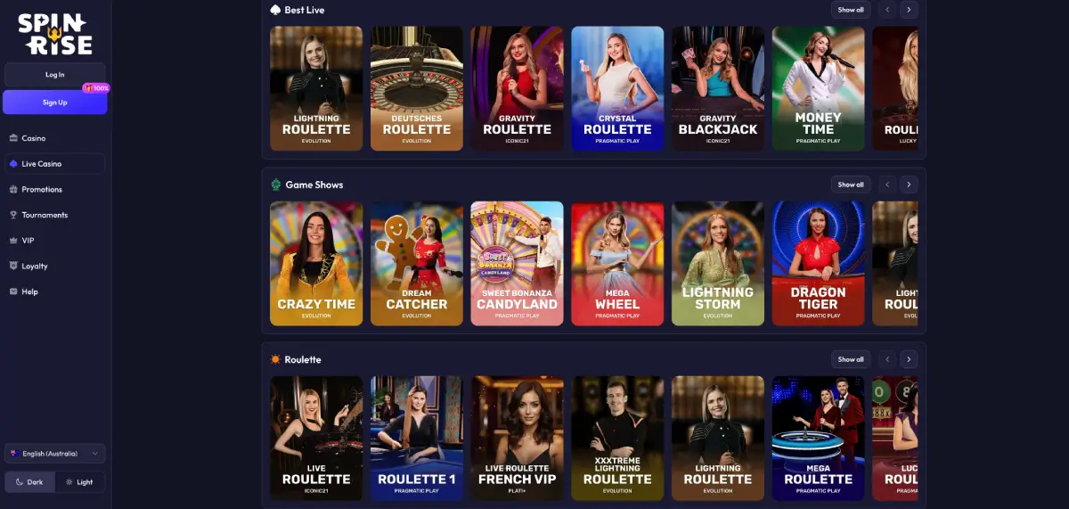 Spinrise live casino lobby showing roulette table with live dealer stream Spinrise live casino lobby showing roulette table with live dealer stream