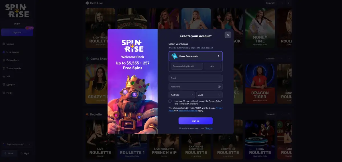 Casino Spinrise registration form showing the quick account creation process
