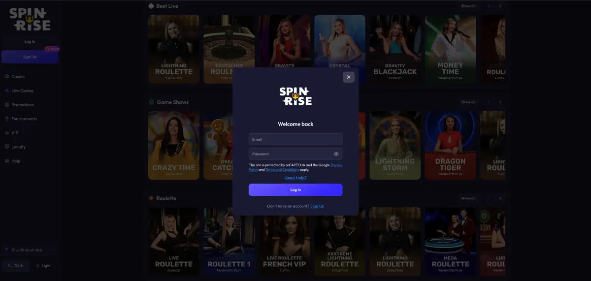Spinrise casino login screen with email and password entry fields