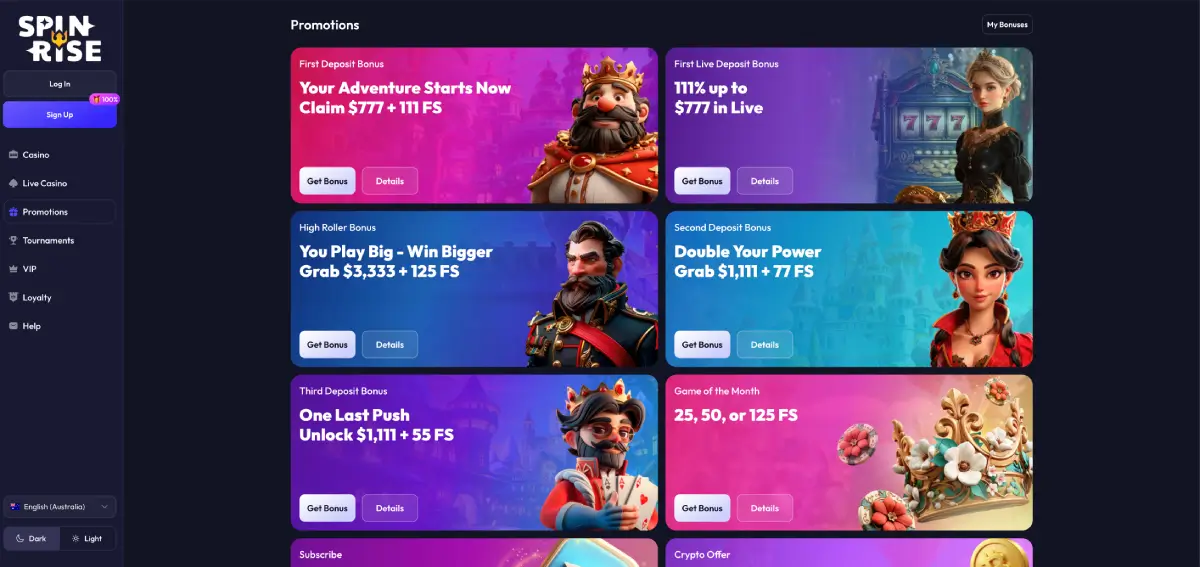 Spinrise casino bonus page showing welcome offer details and free spins breakdown Spinrise casino bonus page showing welcome offer details and free spins breakdown
