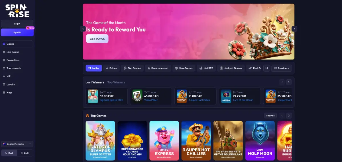Spinrise casino homepage showing slots lobby and welcome bonus offer Spinrise casino homepage showing slots lobby and welcome bonus offer